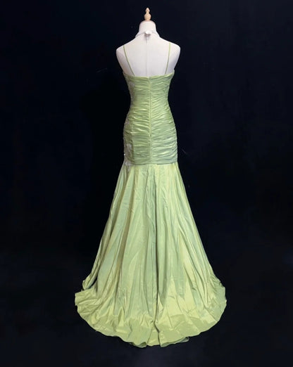 Vintage Prom Dresses Mermaid Spaghetti Strap Sage Green With Appliques 80s Long Formal Gown N2728