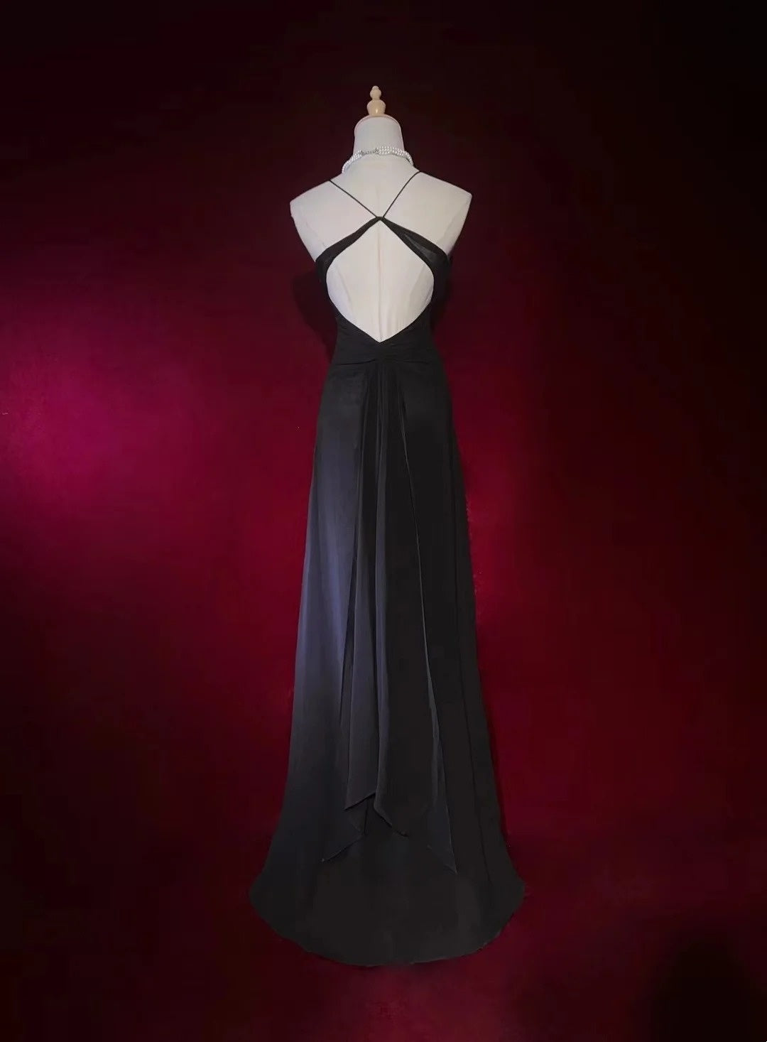 Vintage Prom Dresses A Line Spaghetti Strap Black Tie Dress With Beads 80s Long Formal Gown N2730
