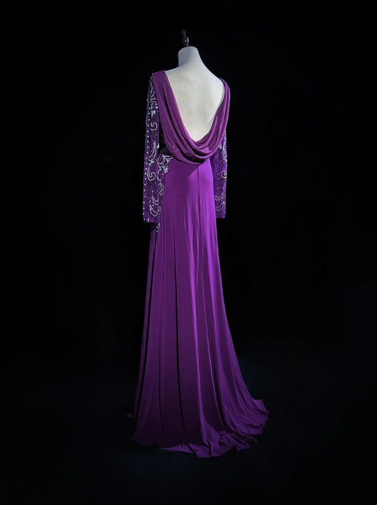 Vintage Prom Dresses A line Purple Chiffon 90s With Beading Long Formal Party Dress N2514