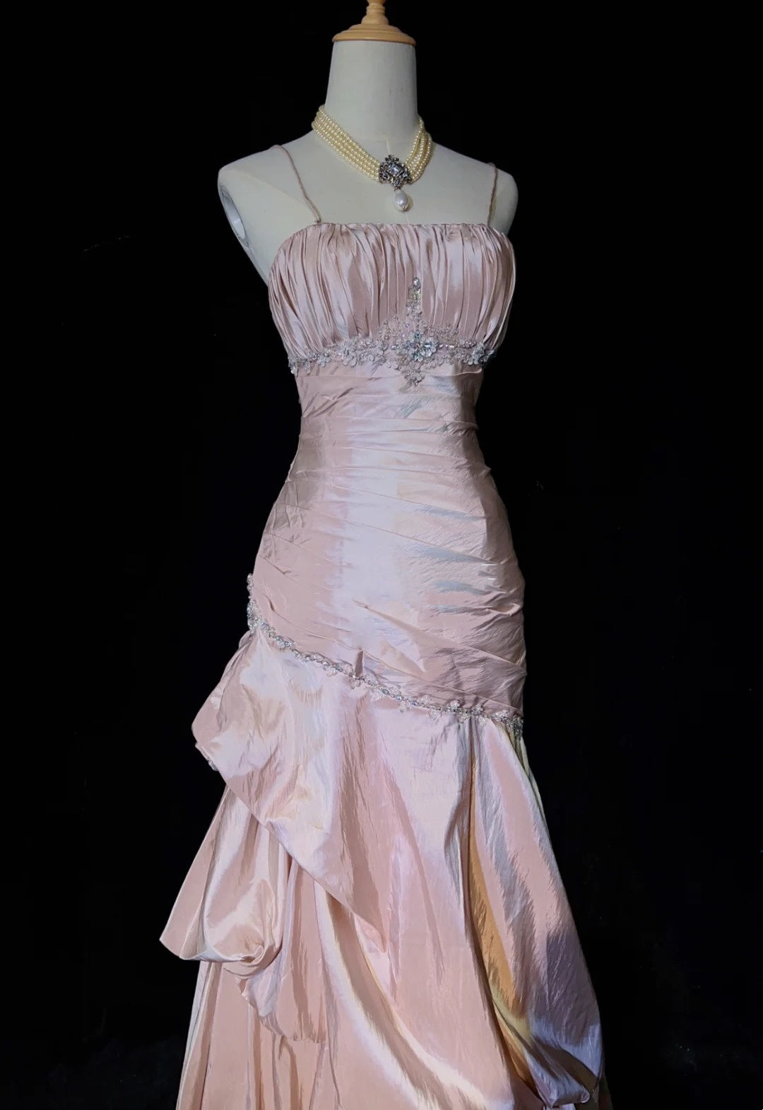 Vintage Prom Dresses Mermaid Spaghetti Strap Taffeta Light Pink With Silver Beads 1950s Long Formal Gown N2597