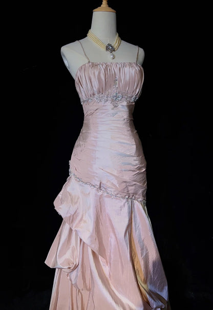 Vintage Prom Dresses Mermaid Spaghetti Strap Taffeta Light Pink With Silver Beads 1950s Long Formal Gown N2597