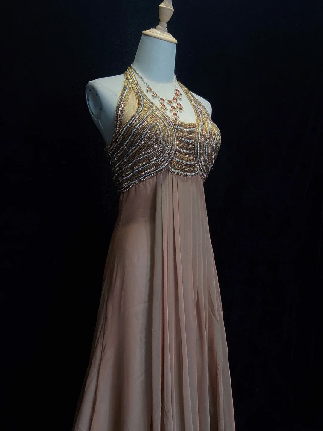 Vintage Prom Dresses 80s A line Halter Brown Chiffon With Beading Semi Formal Evening Outfits N3633