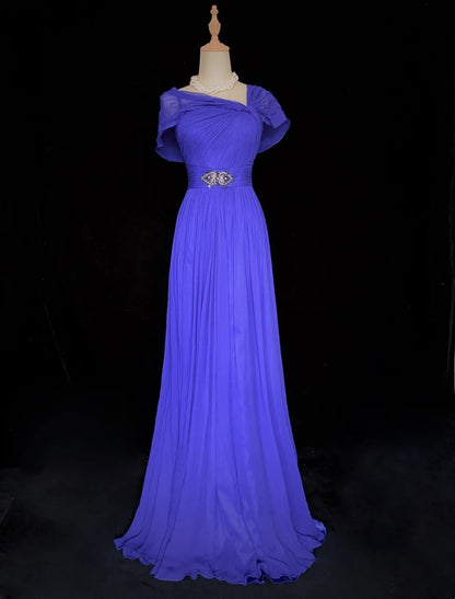 Modest Prom Dresses A line Spaghetti Strap Royal Blue Chiffon Sleeveless Formal Evening Dress N3844