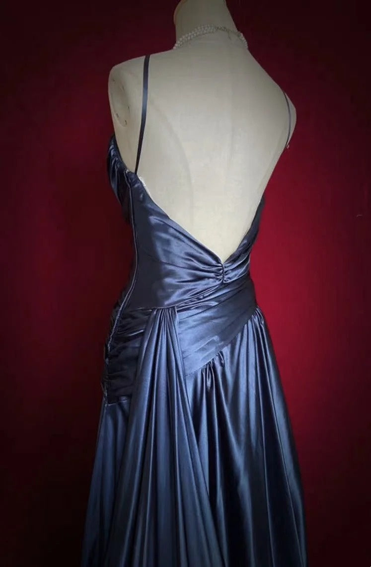 Vintage Prom Dresses A line Spaghetti Strap Navy Blue Satin 1990s Formal Evening Gown N2661