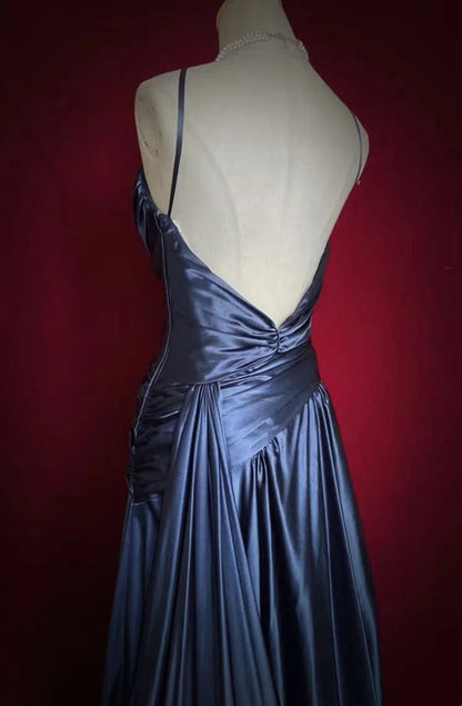 Vintage Prom Dresses A line Spaghetti Strap Navy Blue Satin 1990s Formal Evening Gown N2661