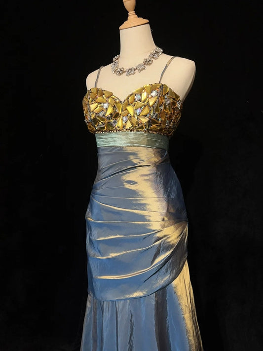 New Prom Dresses Mermaid Spaghetti Strap Floor Length Taffeta Formal Evening Dress N3697