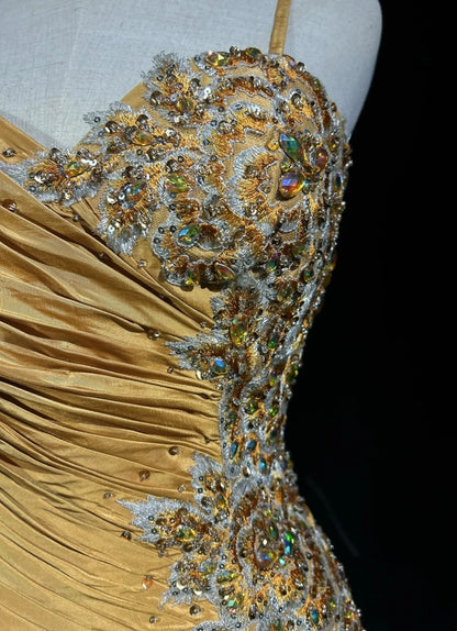 Vintage Prom Dresses Mermaid Spaghetti Strap Gold Satin With Beads Appliques Floor Length 80s Formal Gown N2584