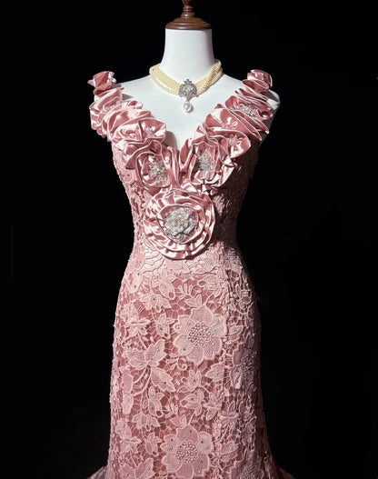 Vintage Prom Dresses Mermaid V Neck Pink Lace With 3d Flowers 1950s Long Formal Gown N2594