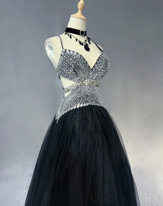 Vintage Prom Dresses Inspo Ball Gown Halter Drop Waist 90s Tulle Black Tie Dress With Beading For Women Formal Gowns N3306