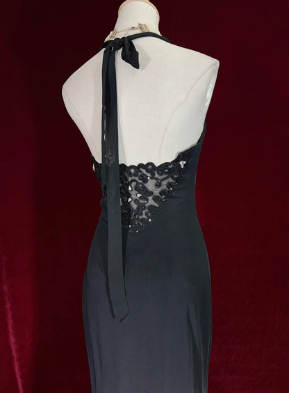 Vintage Prom Dresses Mermaid Halter Black Chiffon Tea Length Sleeveless 1980s Formal Dress N2869