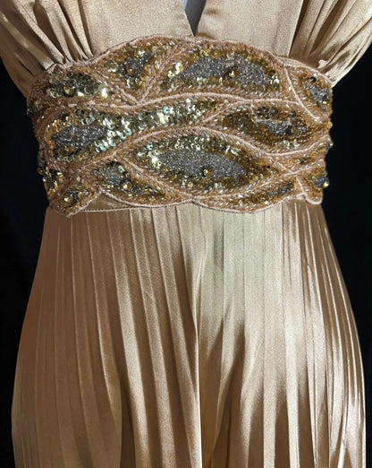 Classy Prom Dresses A Line Spaghetti Strap Gold Satin With Ruffle Beading Long Formal Gown N2900