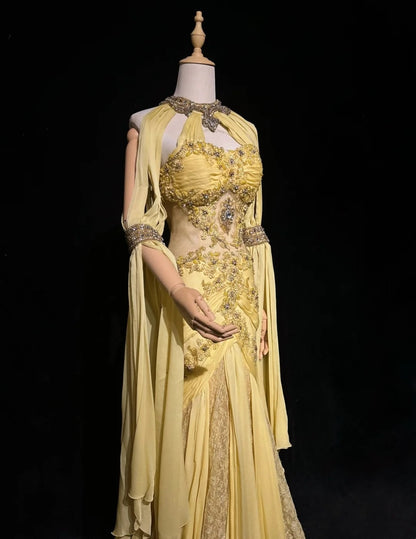Yellow Prom Dress Inspo Mermaid Halter Chiffon Lace Satin With Beading 18th Birthday Outfits Formal Party Gown RC0117