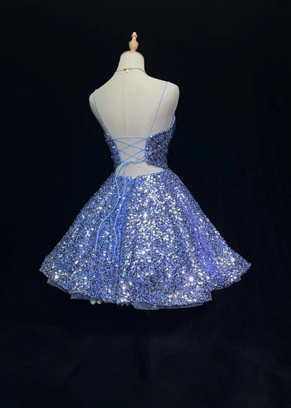 Pretty Ball Gown Spaghetti Strap Blue Sequin Short Mini Homecoming Dresses N2440