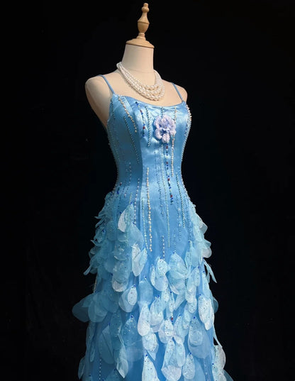 Blue Prom Dress Inspo A Line Spaghetti Straps With Beading Modest Long Formal Party Gown RC0083