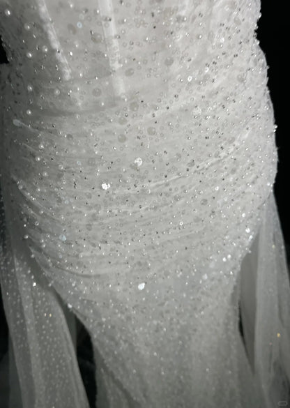 Unique Wedding Dresses Mermaid Off The Shoulder Sequin With Ruffled White Long Bridal Gown N3619