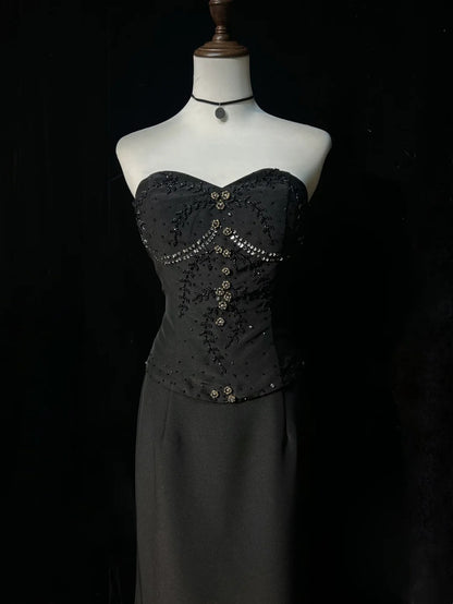 Vintage Prom Dresses Mermaid Sweetheart Black Tie Gown 80s Satin Evening Formal Dress RB3263