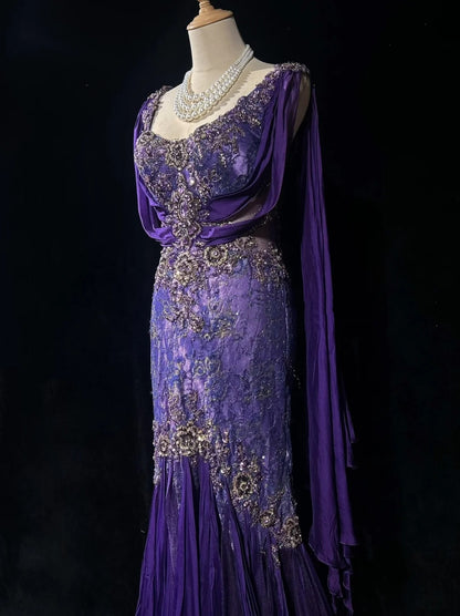 Purple Prom Dress Inspo Mermaid Square Neck Chiffon With Gold Beaded Birthday Outfits Formal Party Gown RC0129