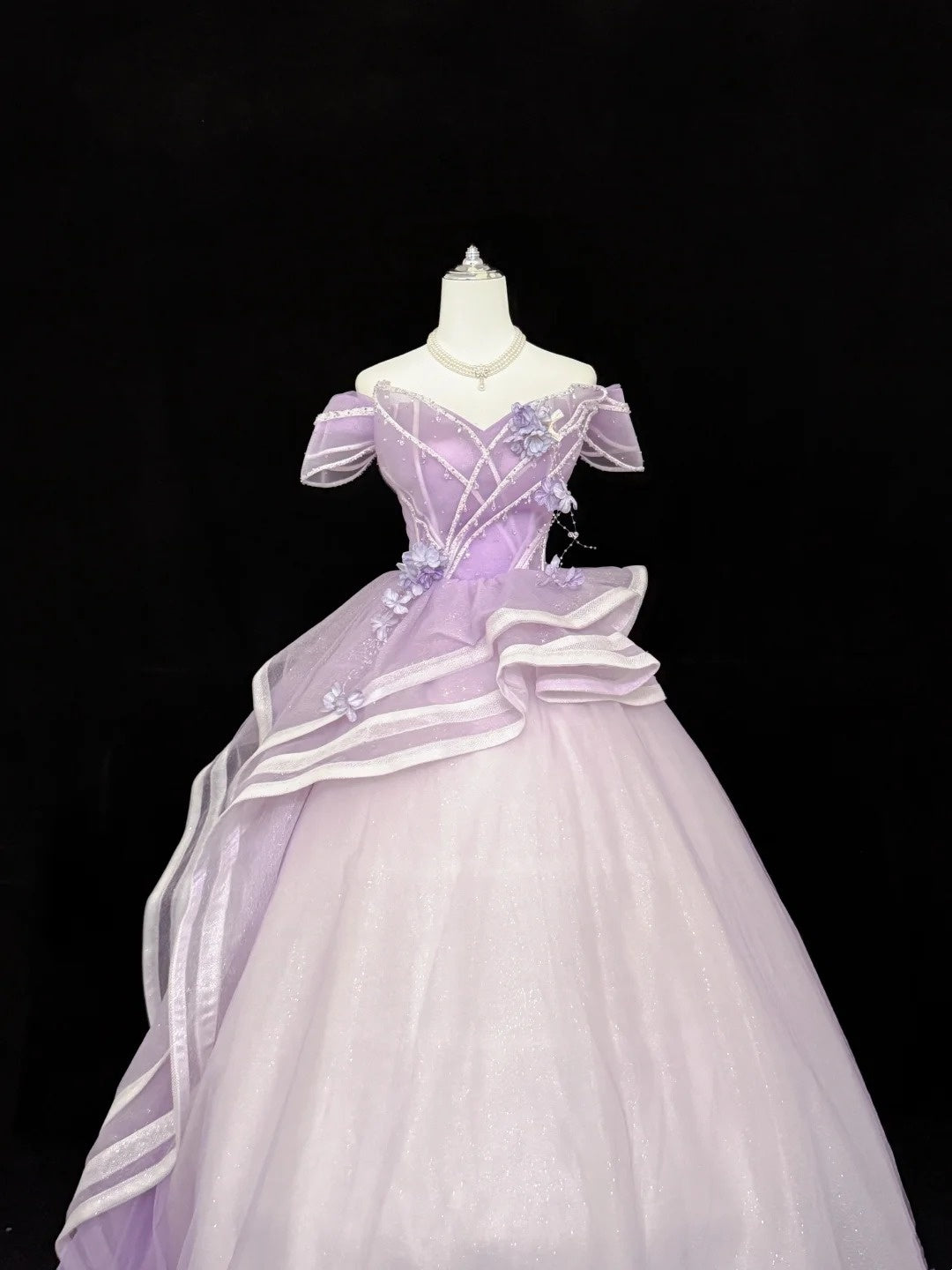 Lilac Prom Dress Long Floor Length Ball Gown Off Shoulder Tulle With Sleeves Formal Evening Gown For Women RC0279