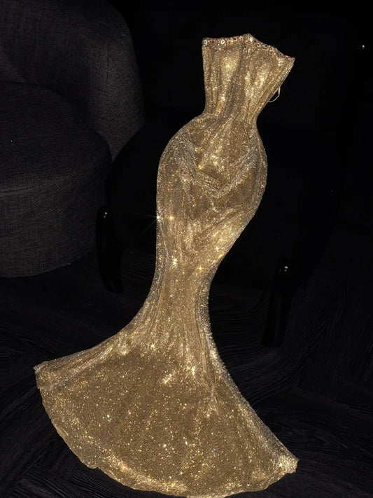 Glittery Mermaid Strapless Gold Sequined Long Formal Evening Dress Formal 18th Birthday Gowns Prom Dresses N732