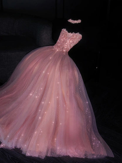 Glittery Ball Gown Strapless Pink Polka Dots Long Formal Evening Dress Formal 18th Birthday Gowns Prom Dresses N735