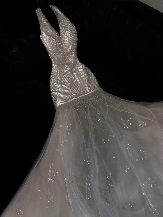 Princess Mermaid Halter Champagne Sequins Long Prom Dresses Evening Outfits Formal Dress N995