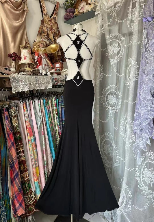 Vintage Prom Dresses Aesthetic Mermaid V Neck Black Chiffon Long Inspo Formal Gowns N1989