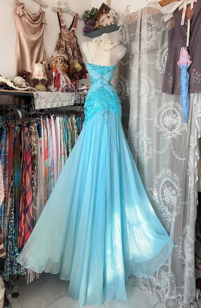 Classy Prom Dresses Mermaid Spaghetti Strap Blue Chiffon Sleeveless Formal Evening Outfits N3780