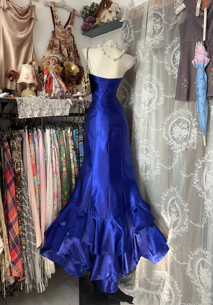 Vintage 2000s Mermaid Strapless Royal Blue Satin Sleeveless Long Prom Dress For Women Girls Evening Dresses N660