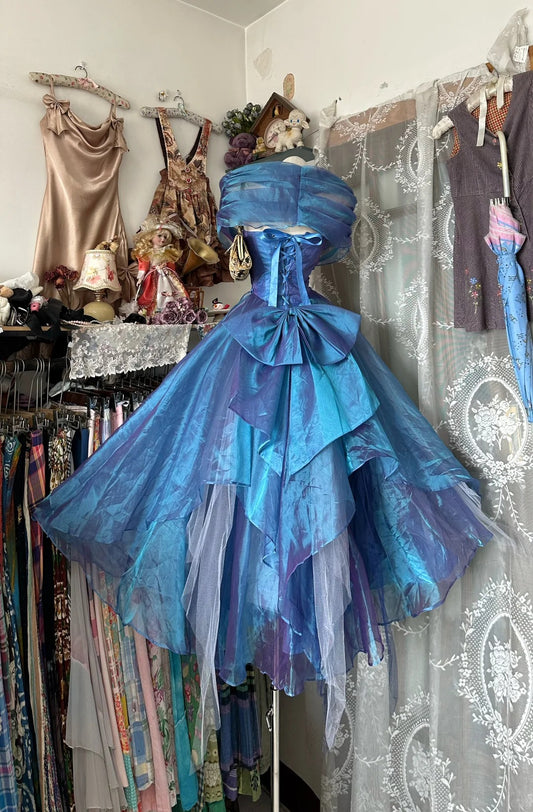 Classy Prom Dresses Ball Gown Sweetheart Blue Organza Tea Length Long Formal Evening Outfits N3769