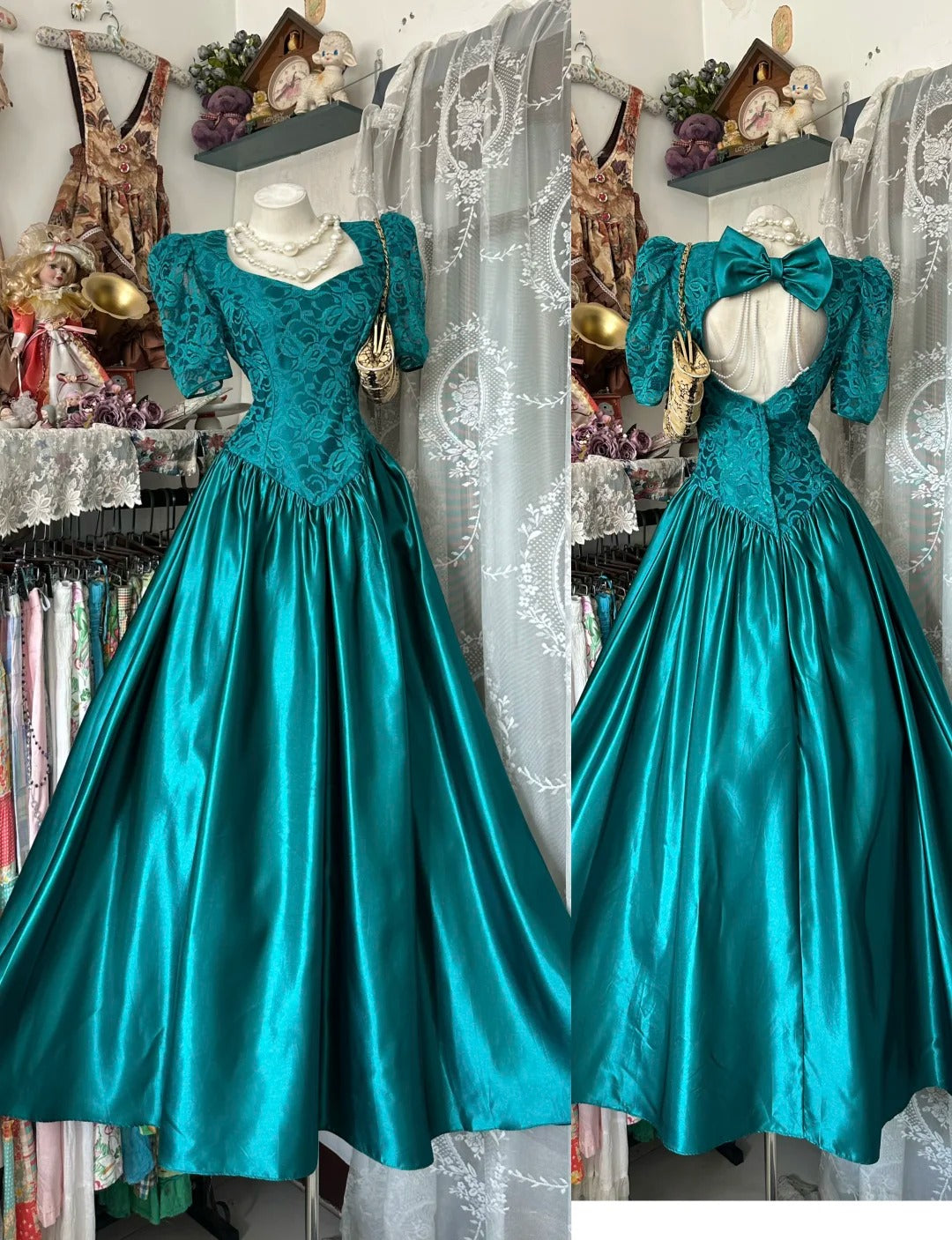 Vintage 80s Prom Dresses A line Blue With Half Sleeves Satin Long 1950s Retro Classy Party Formal Outfits RB8994