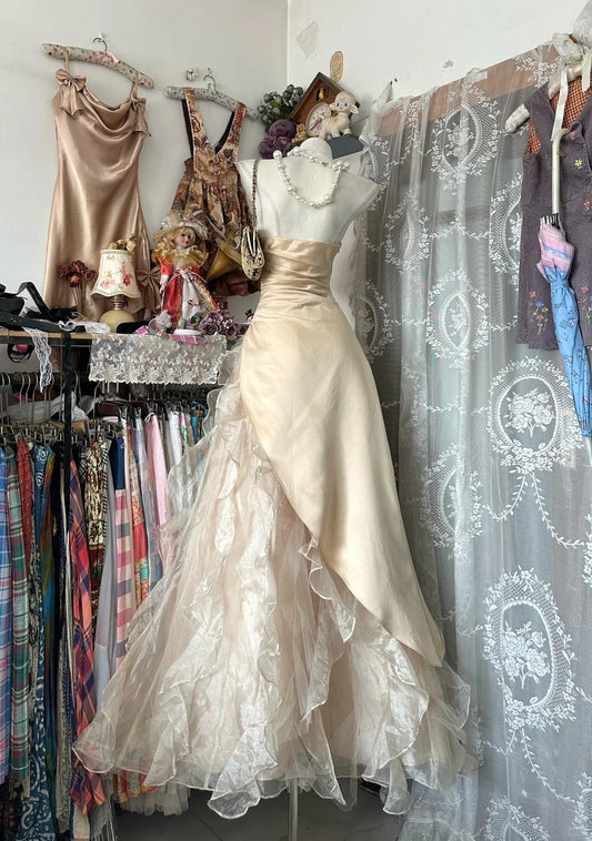 Ball Gown Strapless Champagne Sleeveless With Beads Prom Dresses Formal Outfits RB3940