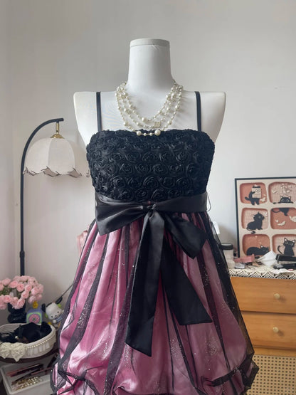 Vintage Ball Gown Spaghetti Strap Pink Satin Black Tulle 16th Birthday Homecoming Dress Graduation Outfit RB6790