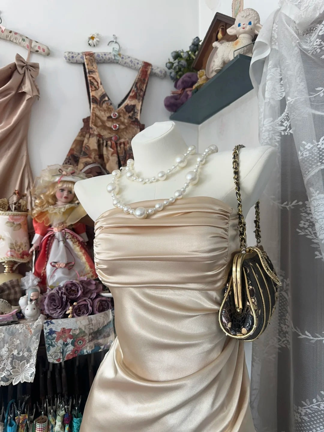 Vintage Mermaid Strapless Champagne Satin Mid Length Graduation Birthday Outfits Homecoming Dresses N3740