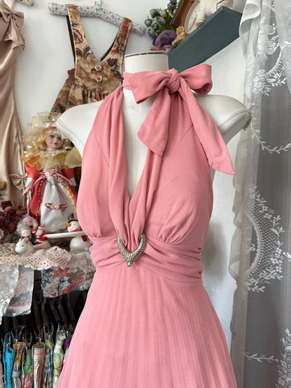 Classy A Line Halter Pink Chiffon Sleeveless Senior Prom dresses High School Long Formal Dress N1285