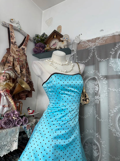 Dress for Women Summer New Vintage Retro Style A Line Blue Polka Dots Satin Homecoming Dresses N2252