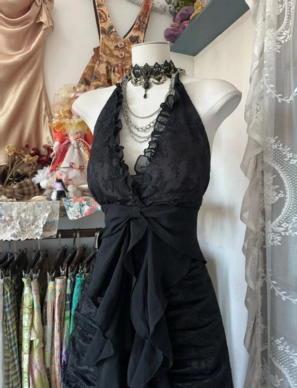 Classy Prom Dresses Mermaid Halter Black Sleeveless Lace Long Formal Evening Outfits N3747