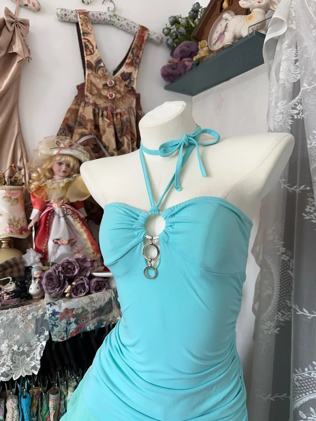 Vintage Sheath Halter Blue Chiffon Hoco Gowns Short Birthday Dress Homecoming Dresses N1342
