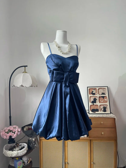 Vintage Ball Gown Spaghetti Strap Navy Blue Satin 16th Birthday Homecoming Dress Graduation Outfit RB6791
