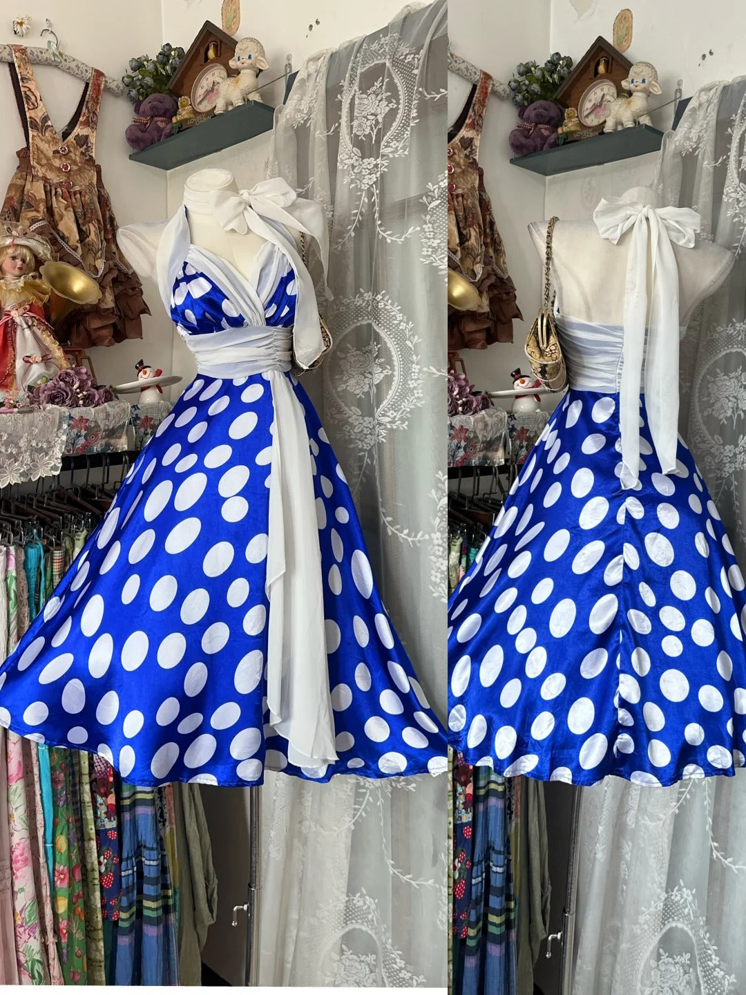 Vintage Ball Gown Halter Royal Blue Polka Dots Party Dresses Homecoming Dress Cocktail Gown RB8991