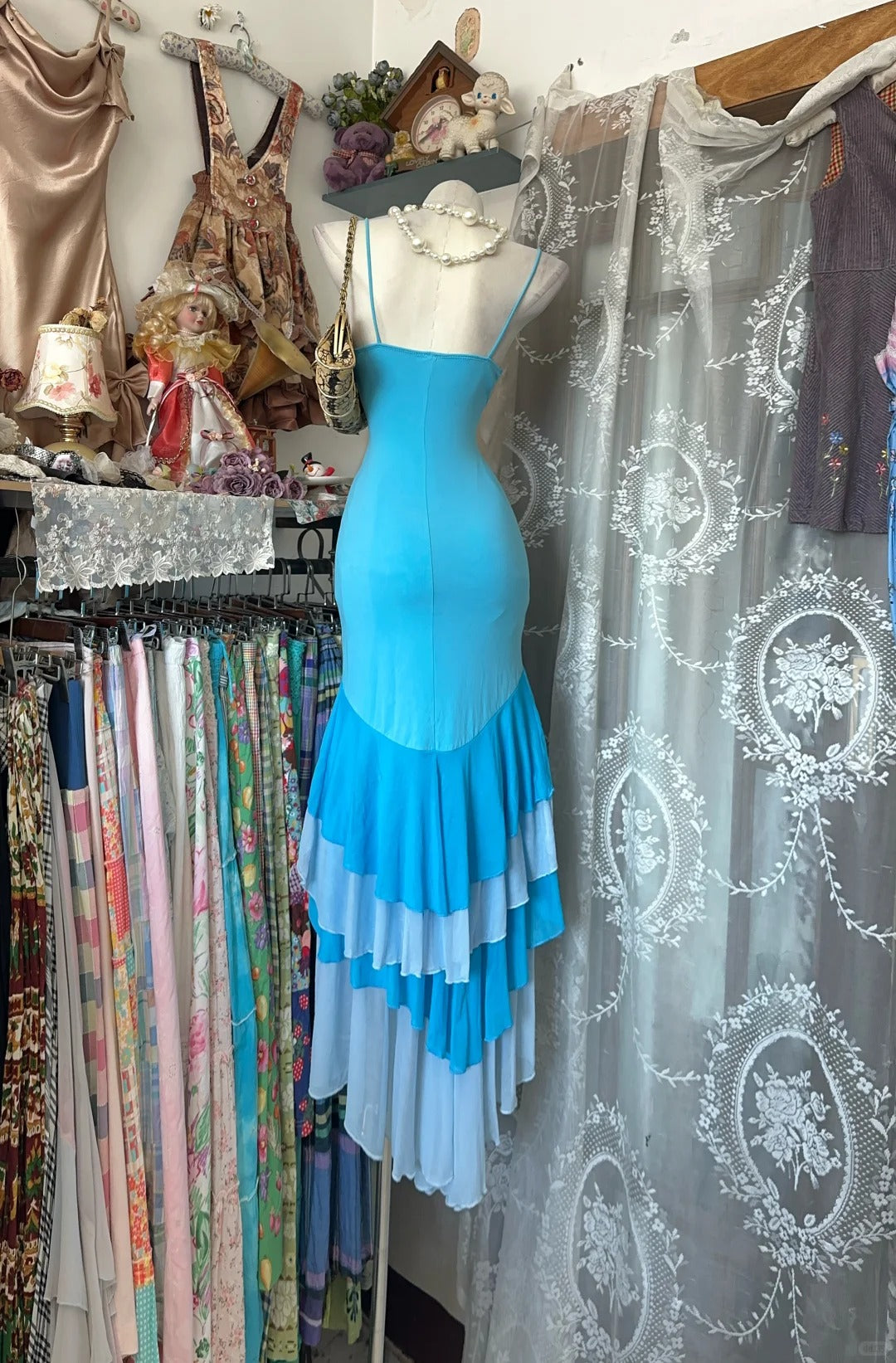 Vintage Prom Dresses Aesthetic Mermaid Spaghetti Straps Blue High Low Inspo Formal Party Gowns N1976