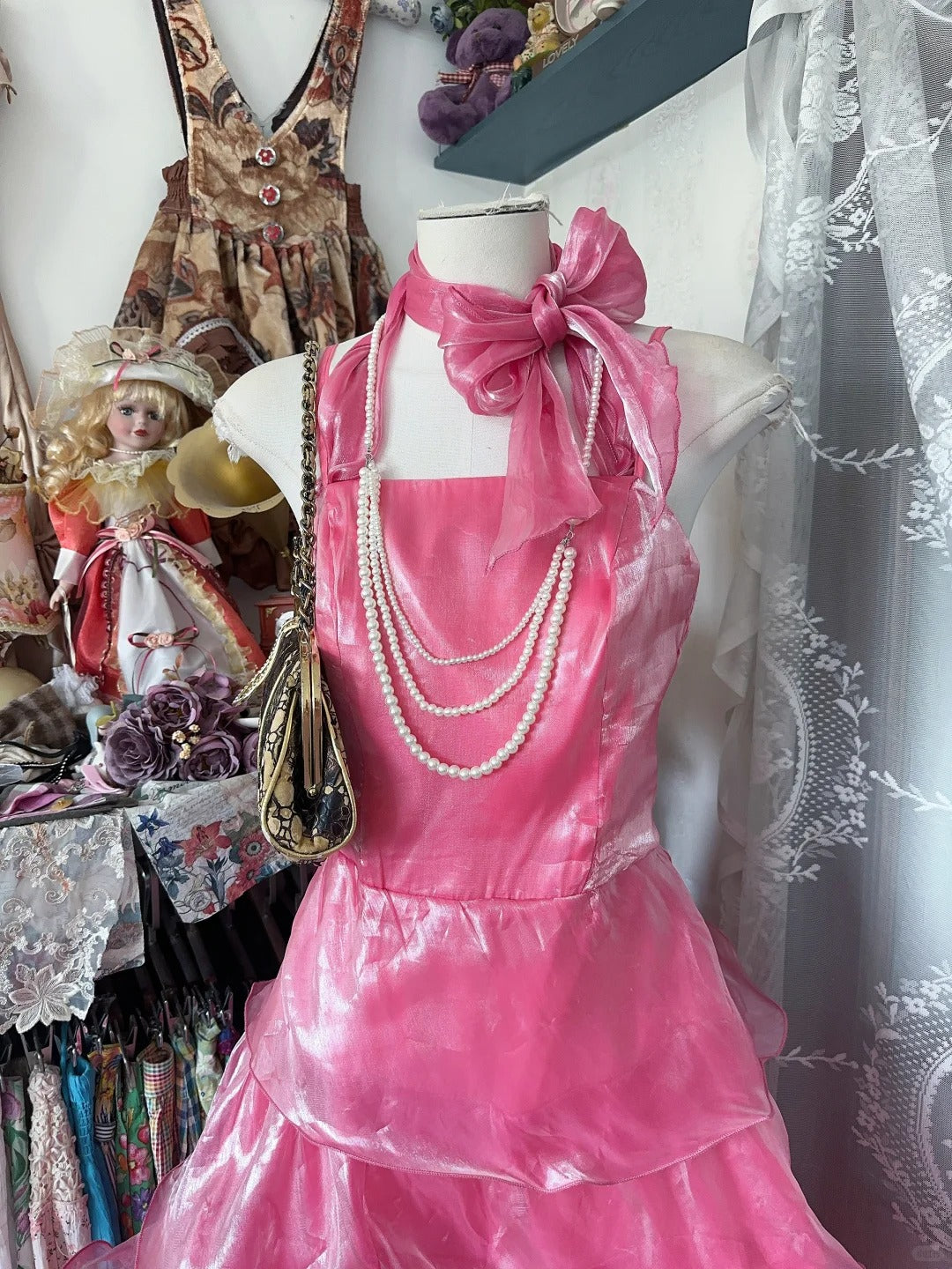 Classy Prom Dresses Ball Gown Halter Pink Organza With Layers Long Formal Evening Outfits N3724