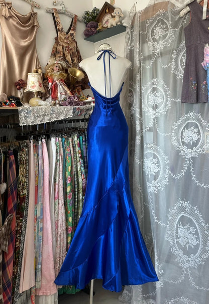 Vintage 2000s Mermaid Halter Royal Blue Satin Sleeveless Long Prom Dress For Women Girls Evening Dresses N658