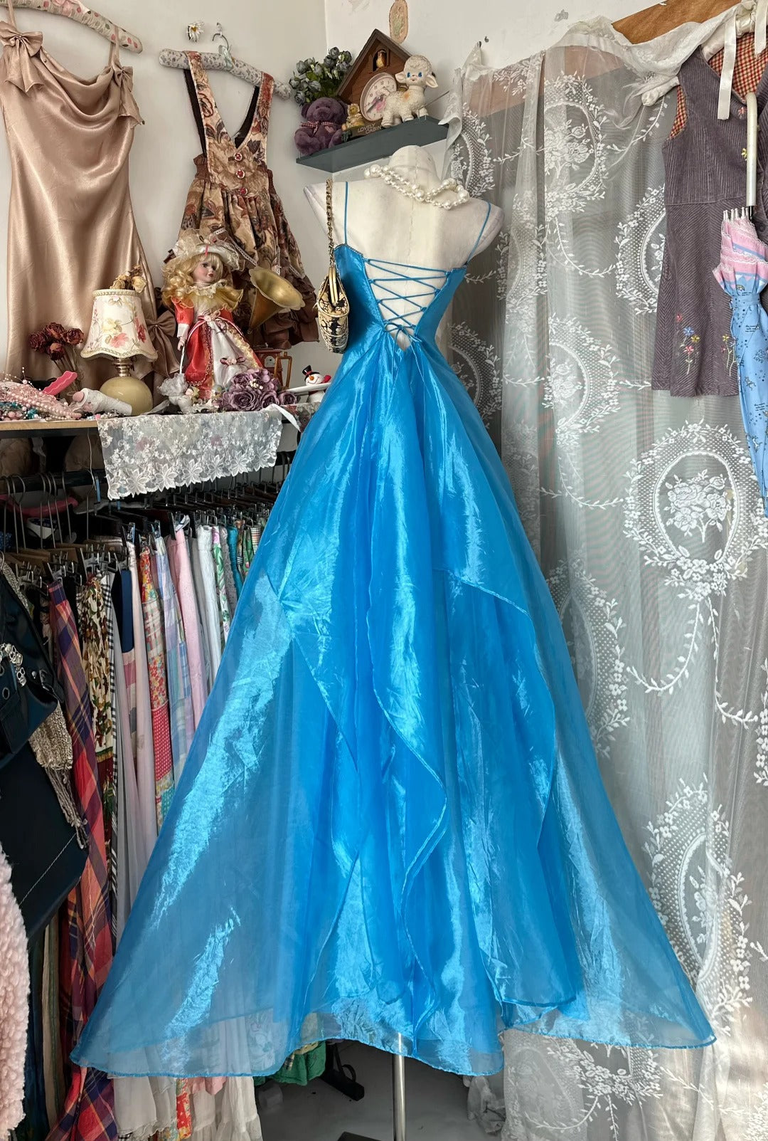 Classy Prom Dresses Ball Gown Spaghetti Strap Blue Sleeveless Formal Evening Outfits N3781