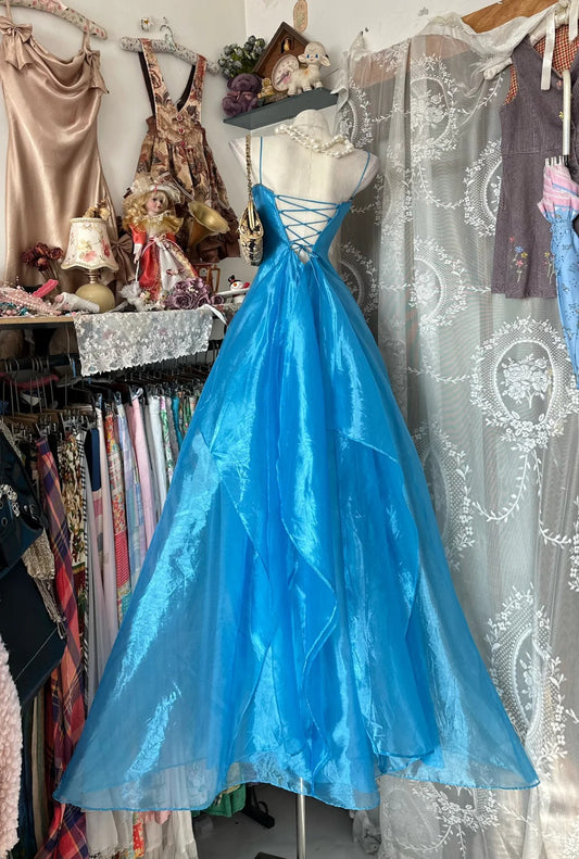 Classy Prom Dresses Ball Gown Spaghetti Strap Blue Sleeveless Formal Evening Outfits N3781