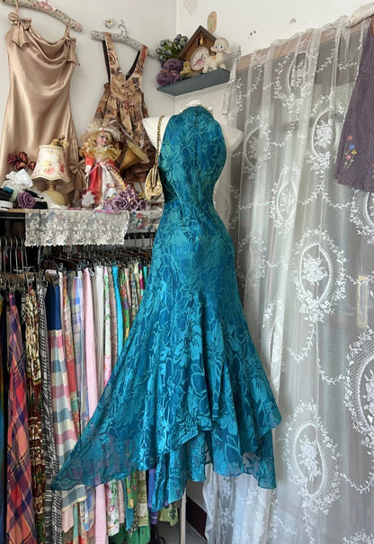 Flamboyant Mermaid Halter Blue Long Date Night Evening Outfit Formal Prom Dresses RB5300