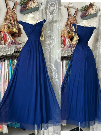Vintage Prom Dresses A line Off The Shoulder Royal Blue With Ruffled 1950s Retro Classy Party Formal Outfits RB8983