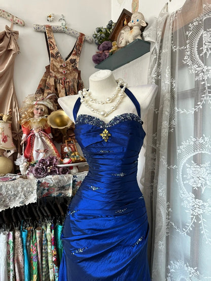 Vintage 2000s Mermaid Halter Royal Blue With Silver Beaded Sleeveless Long Prom Dress For Women Girls Evening Dresses N659