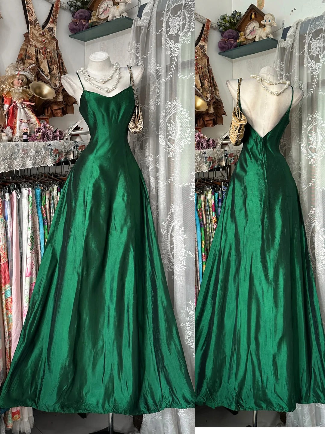 Vintage 80s Prom Dresses A line Spaghetti Straps Green Satin Long 1950s Retro Classy Party Formal Outfits RB8996