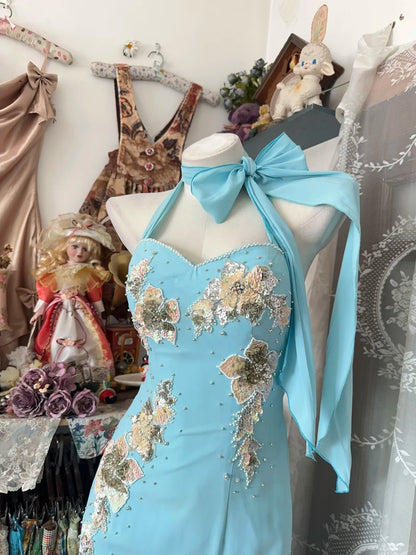 Vintage Prom Dresses Aesthetic 1960s Retro Mermaid Halter Light Sky Blue Backless Long Formal Dress N2255