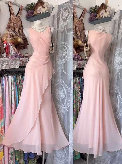 Vintage Mermaid Scoop Blush Pink Chiffon Date Night Evening Outfit Formal Prom Dresses RB5293